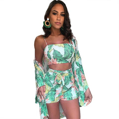 3 Pcs Chiffon Women Set Print Long Outwear Short Tops and Shorts