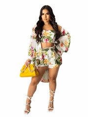 3 Pcs Chiffon Women Set Print Long Outwear Short Tops and Shorts